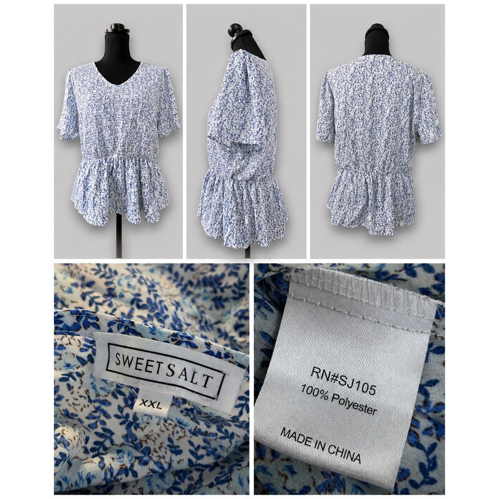 Sweet Salt Blue Floral Smocked Peplum Blouse XXL Short Sleeve V-Neck Top